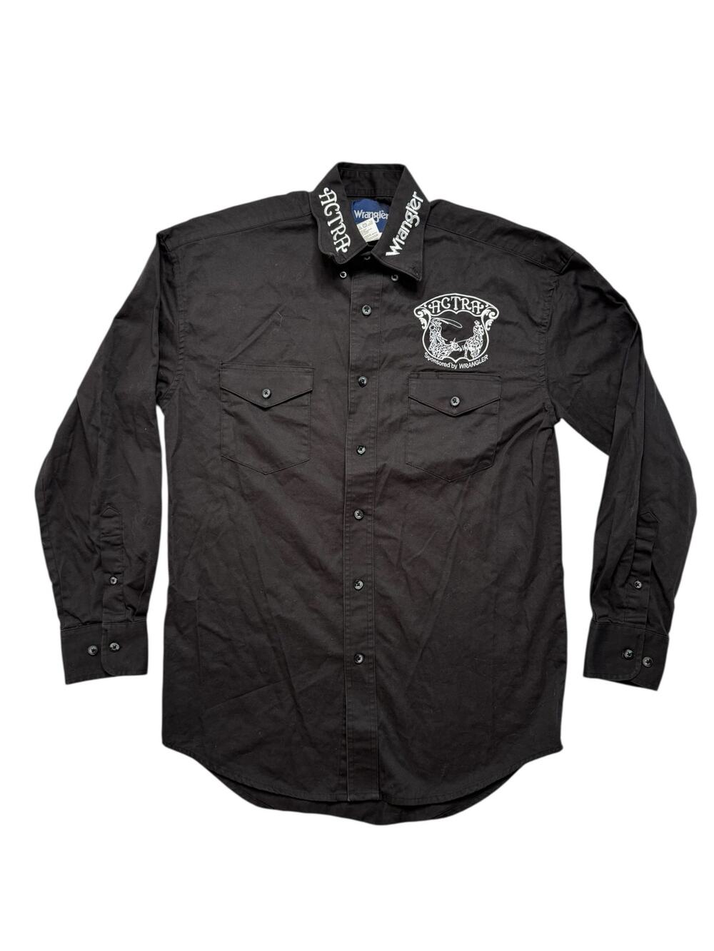 WRANGLER ACTRA Black Embroidered Button Up Western Shirt Size Small Mens Roping